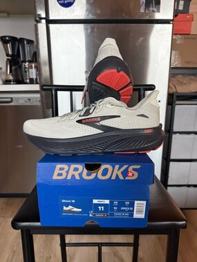 Brooks Ghost 18 Men’s Running Shoes - Cream with Black and Orange Accents